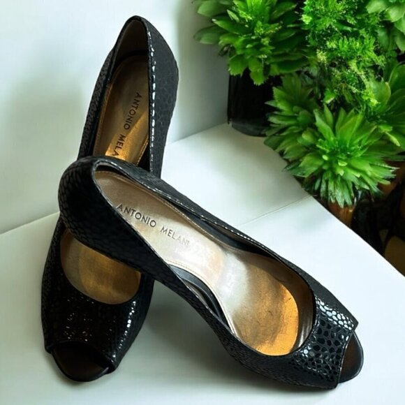 ANTONIO MELANI BLACK SNAKESKIN PEEP-TOE HEELS - Picture 2 of 6